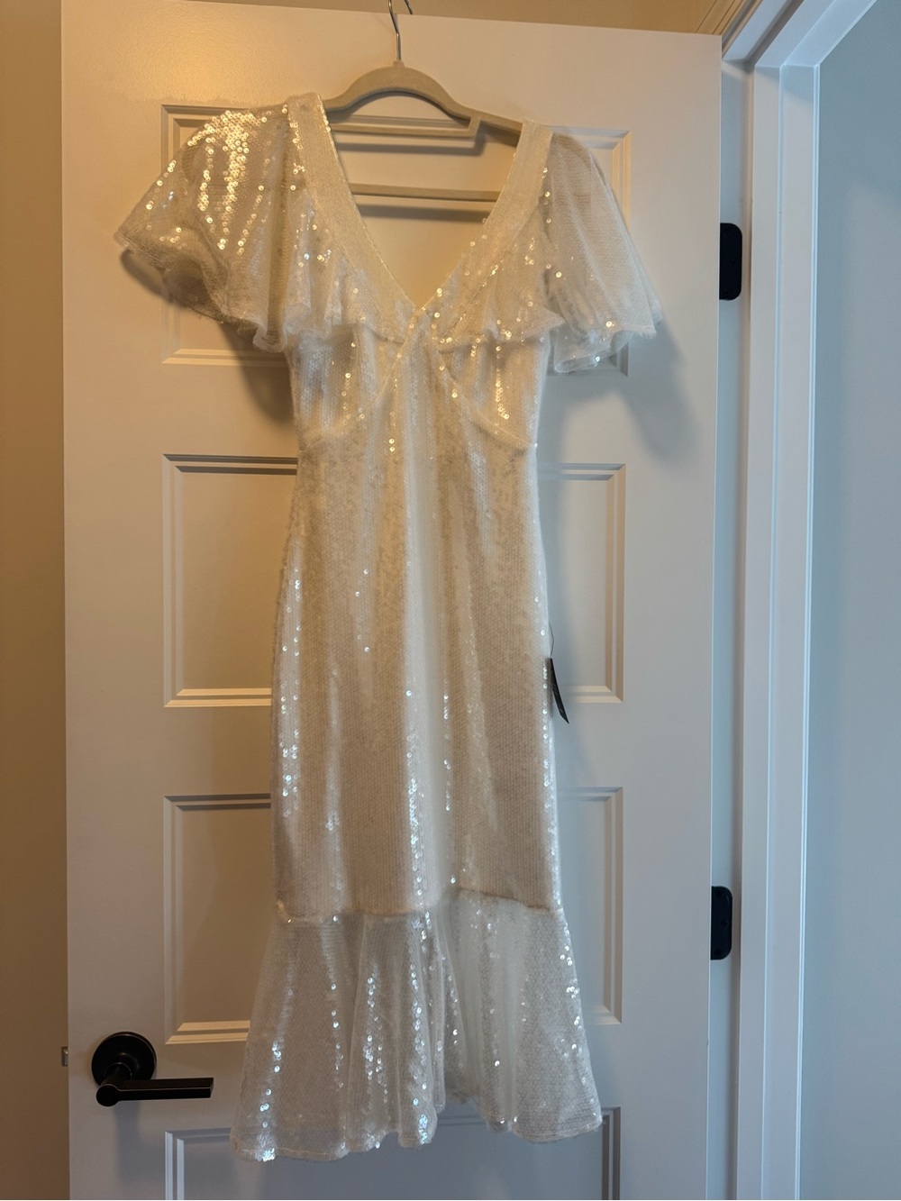 Lulu's Ivory Sequin V-Neck Flutter-Sleeve Midi Dress